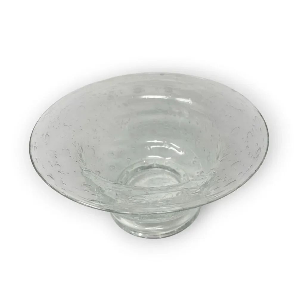 Vintage Hand Blown Clear Art Glass Footed Bowl with Flared Rim & Bubbles Bubble